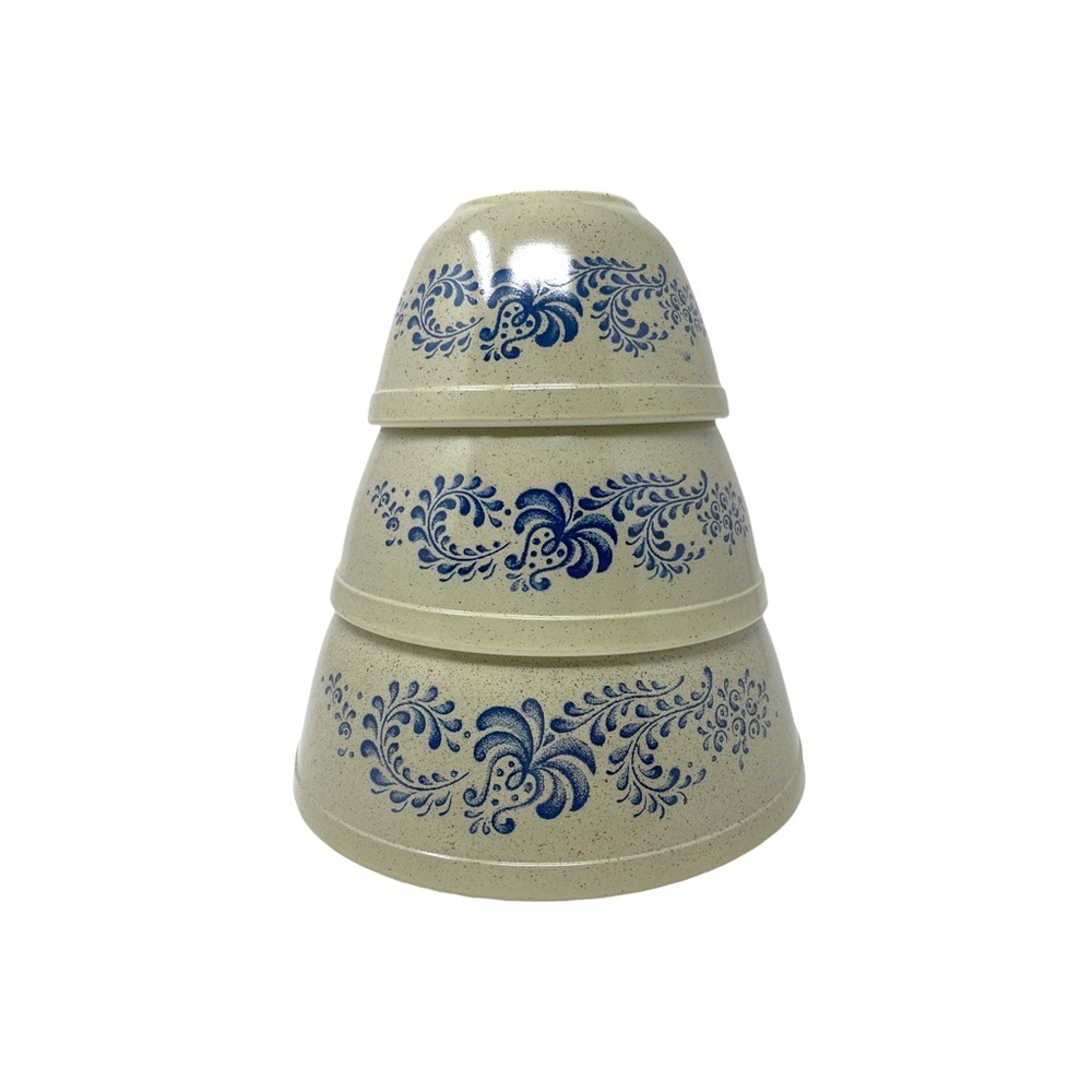 Vintage PYREX Homestead Blue Three Piece Mixing Bowl Set 70s Beige Tan Speckled